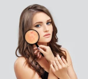 Beautiful woman holds a magnifying glass up to her skin, revealing acne scars, before a TCA CROSS treatment